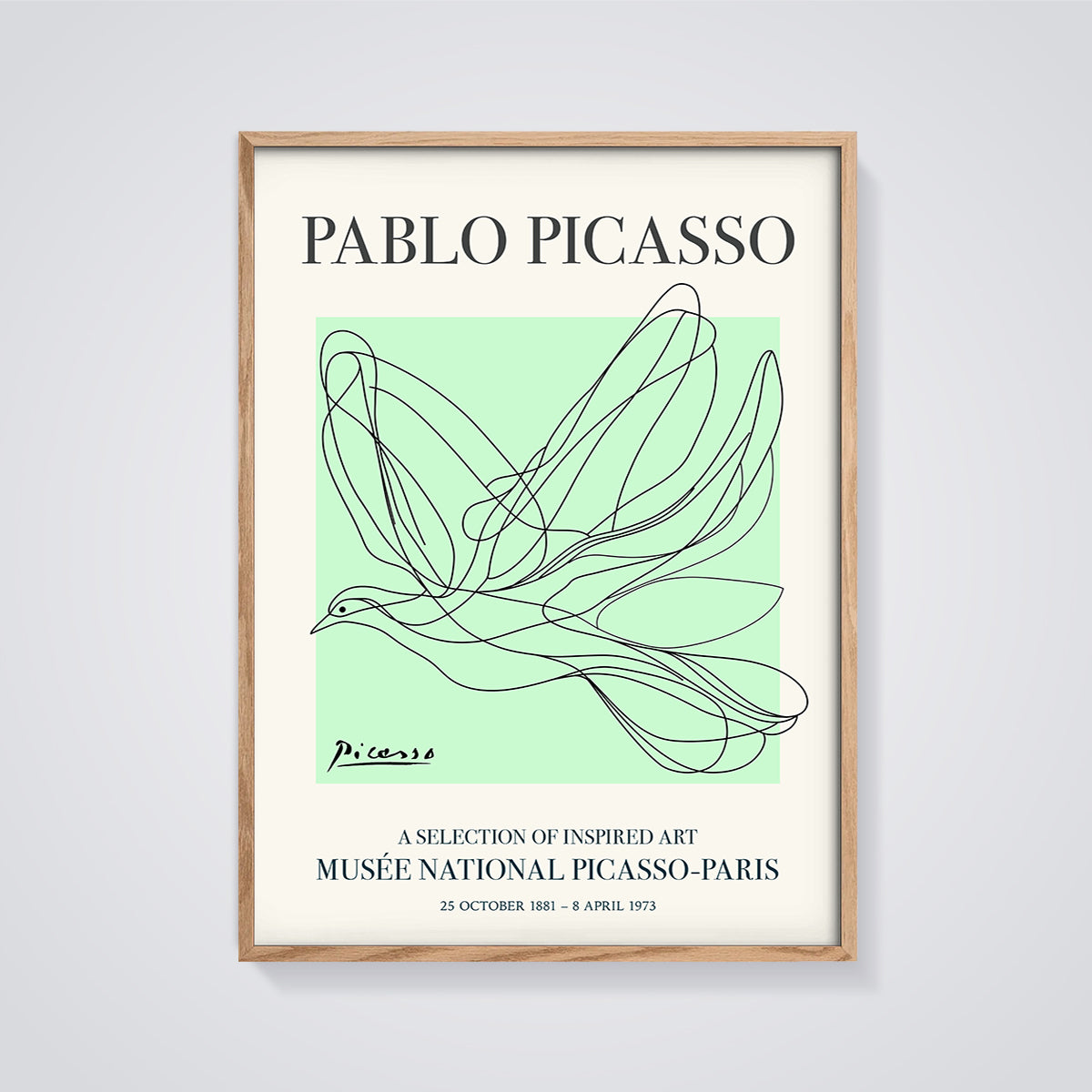 Picasso Dove Line Art Print framed in oak on a grey background