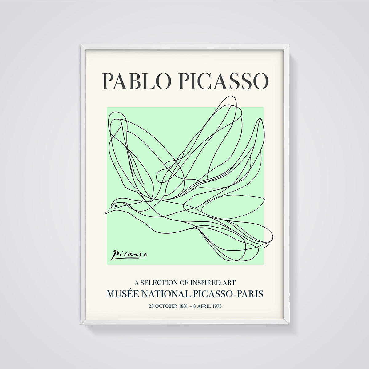 Picasso Dove Line Art Print framed in white on a grey background