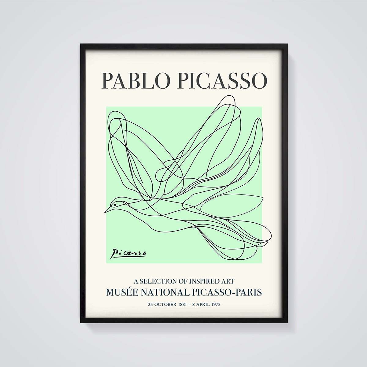 Picasso Dove Line Art Print framed in black on a grey background
