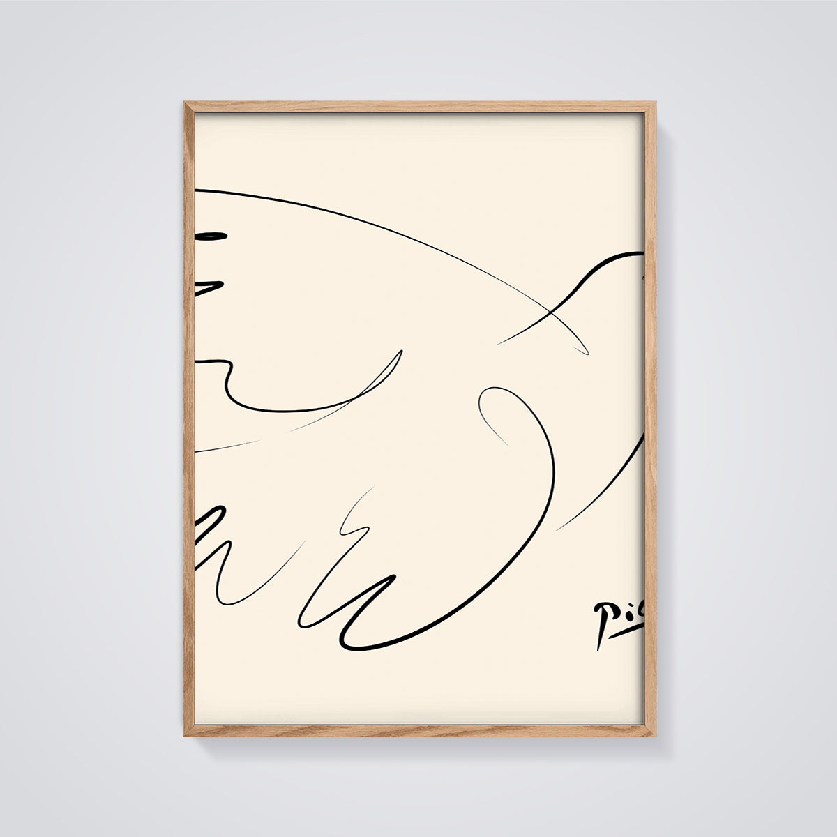 Picasso Dove of Peace Line Art Print framed in oak on a grey background