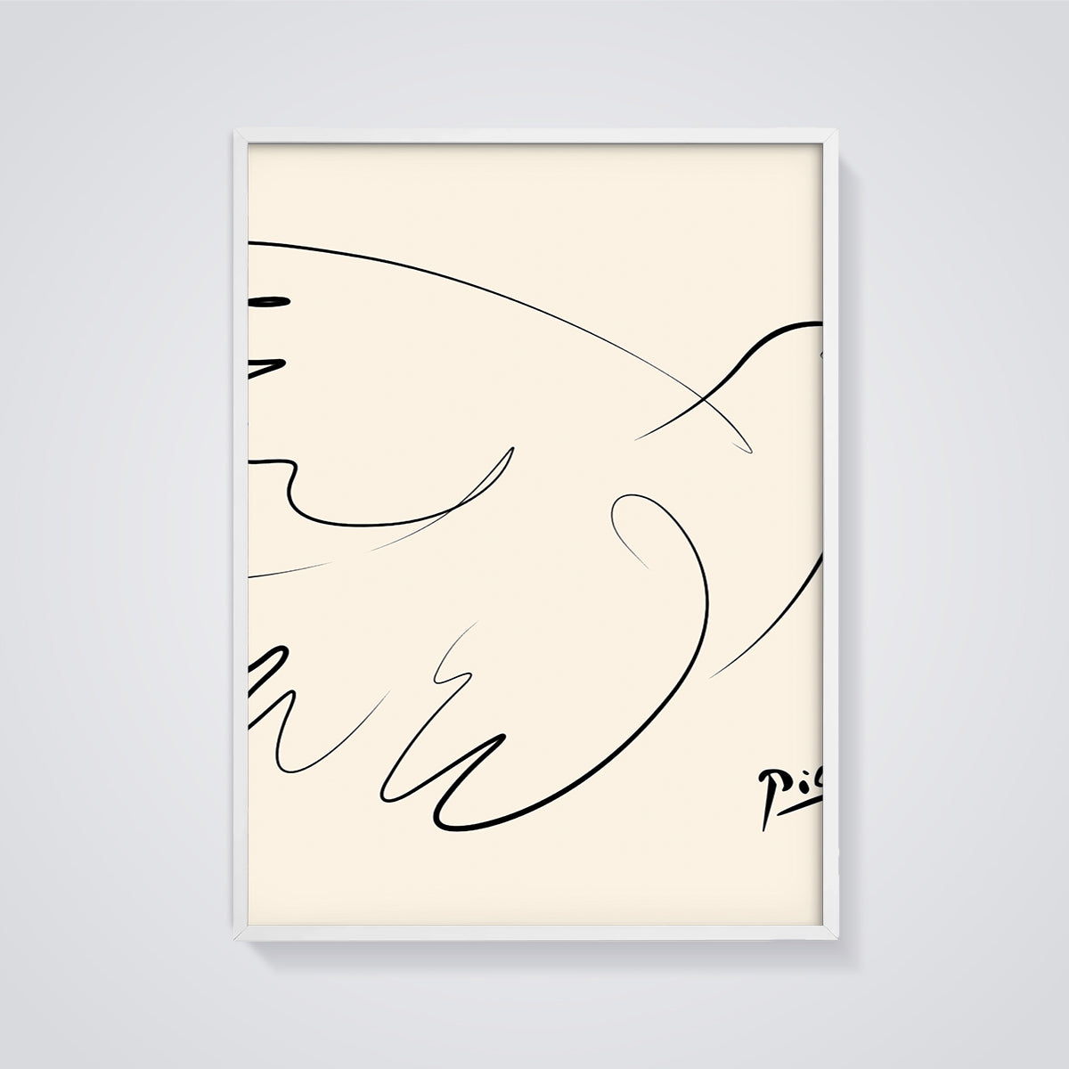 Picasso Dove of Peace Line Art Print framed in white on a grey background