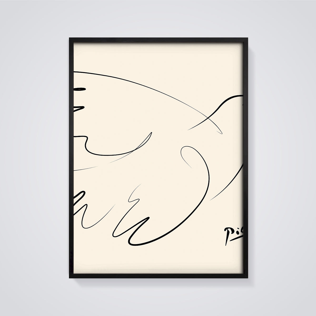 Picasso Dove of Peace Line Art Print framed in black on a grey background