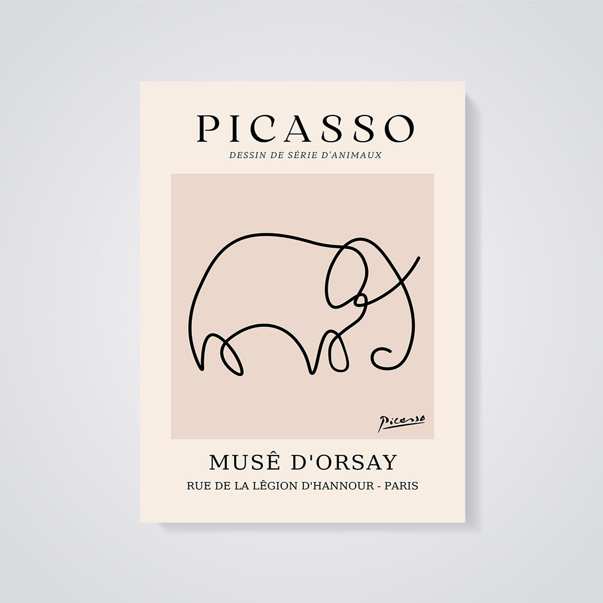 Picasso Elephant Line Art Print unframed on a grey background