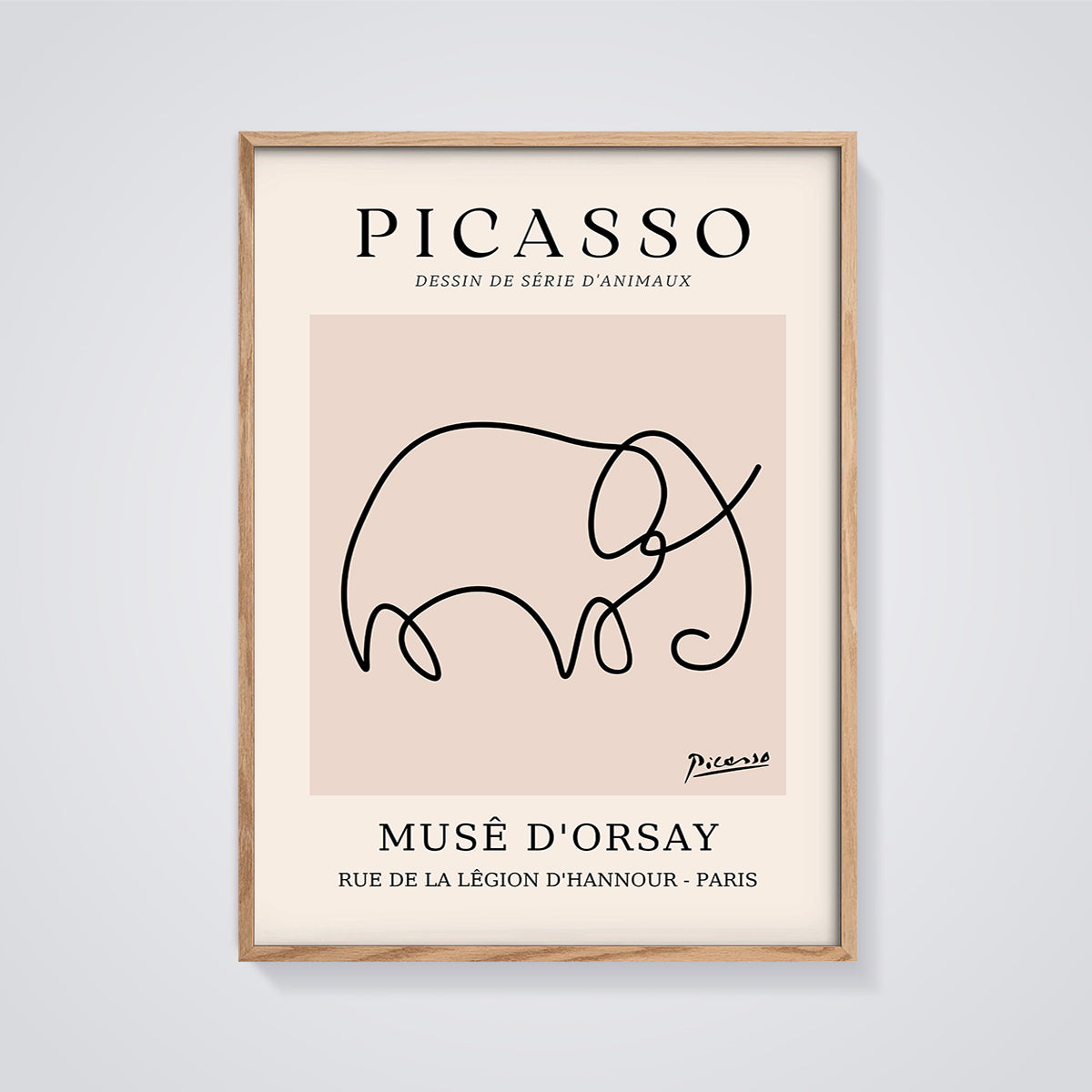 Picasso Elephant Line Art Print framed in oak on a grey background