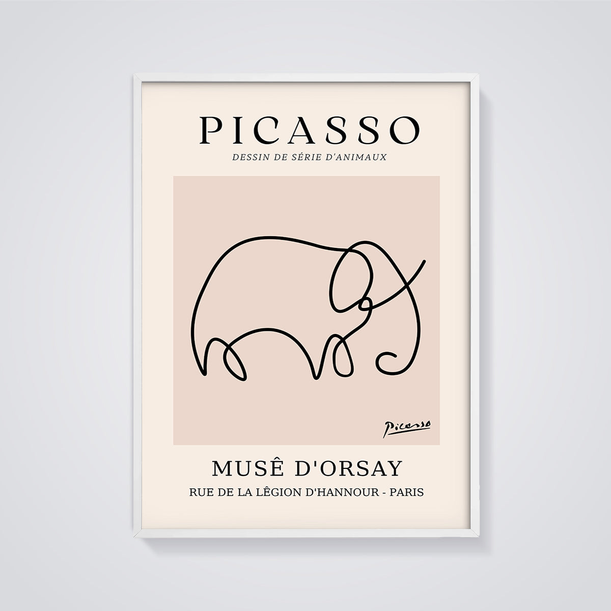Picasso Elephant Line Art Print framed in white on a grey background