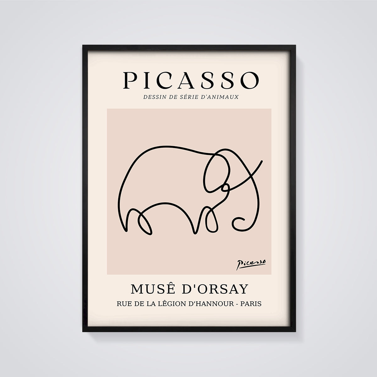Picasso Elephant Line Art Print framed in black on a grey background
