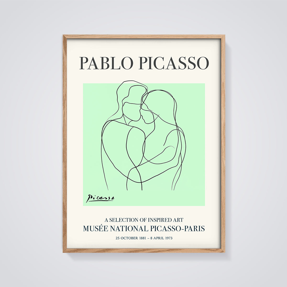 Picasso Embrace Line Art Print framed in oak on a grey background