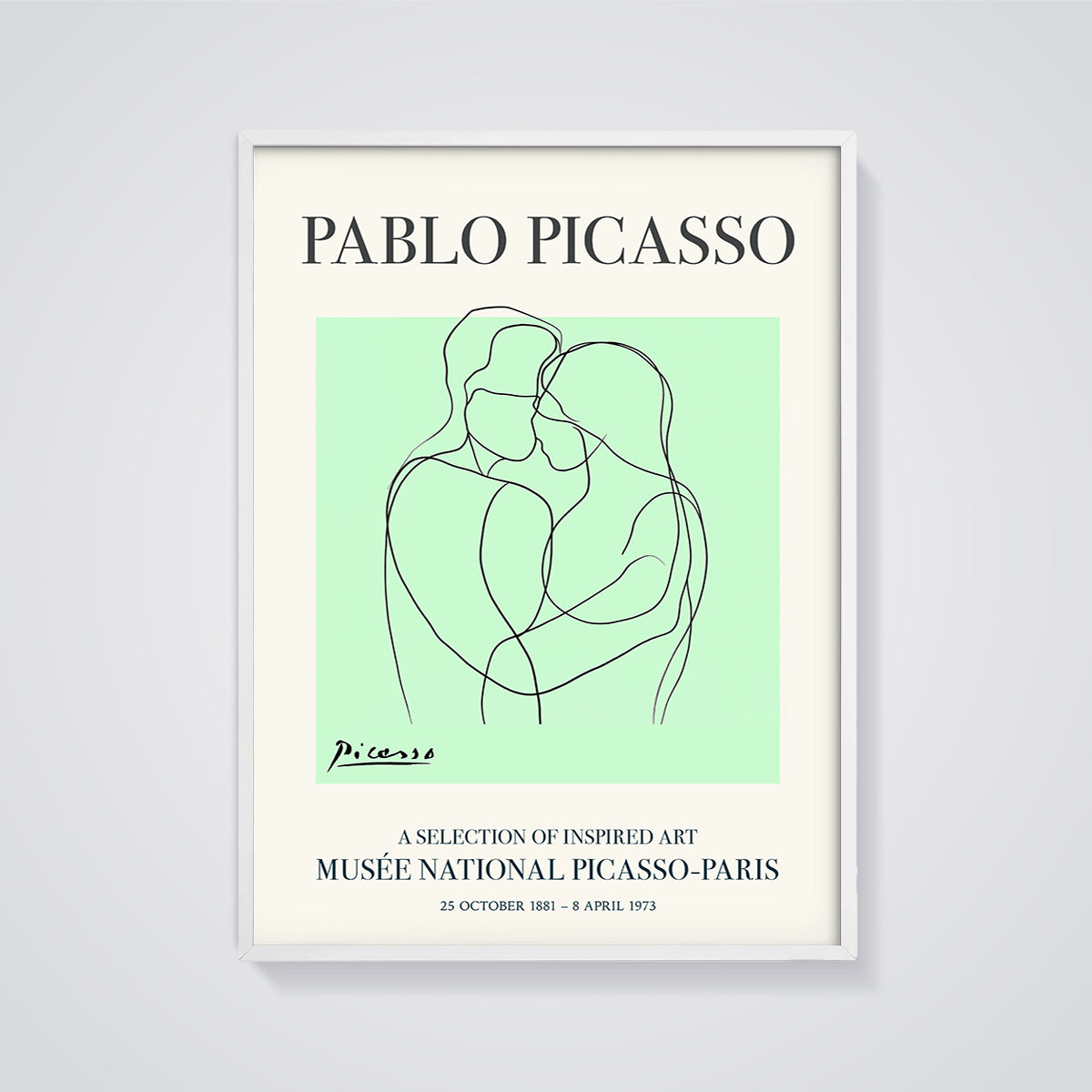Picasso Embrace Line Art Print framed in white on a grey background