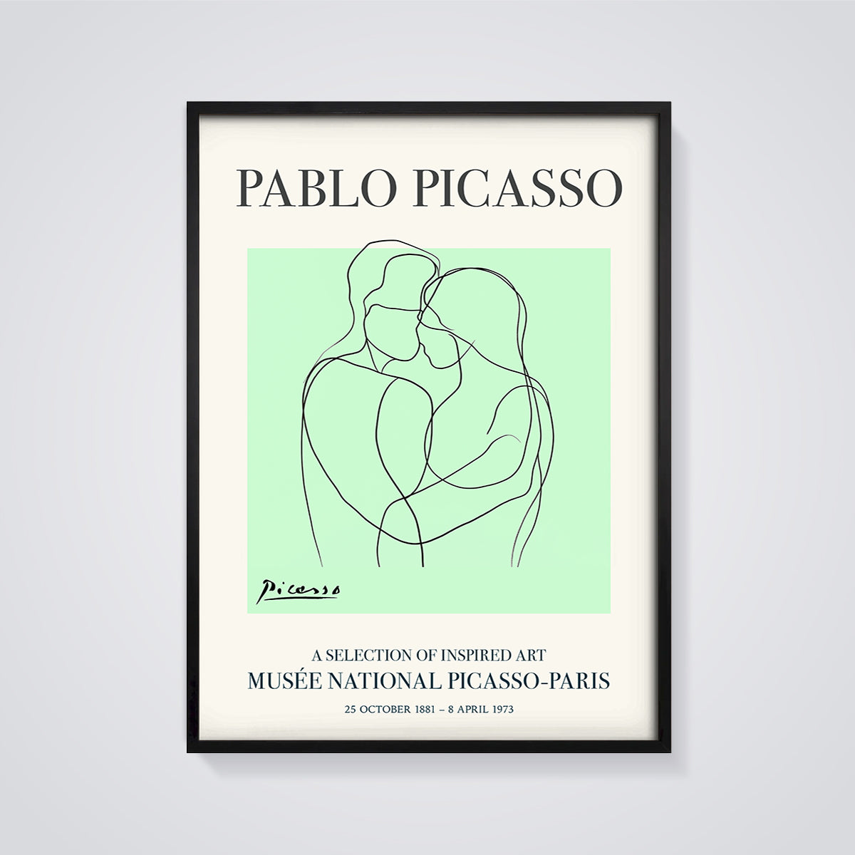 Picasso Embrace Line Art Print framed in black on a grey background