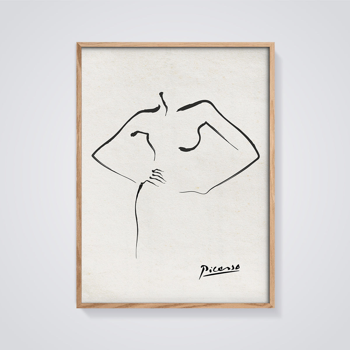 Picasso Female Figure Line Art Print framed in oak on a grey background