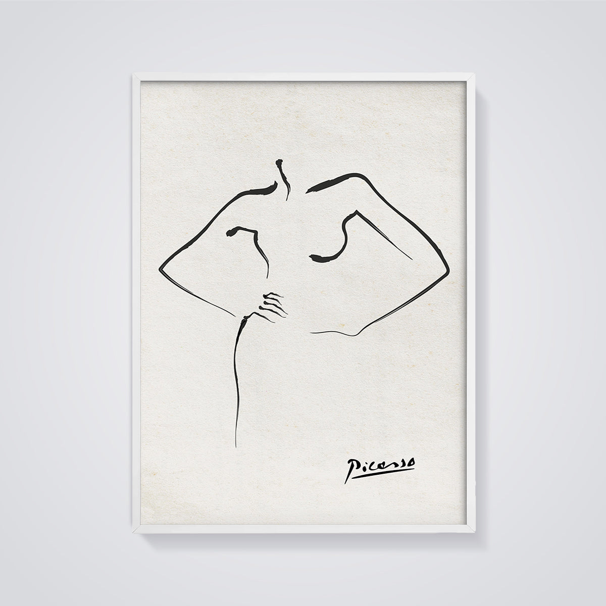 Picasso Female Figure Line Art Print framed in white on a grey background
