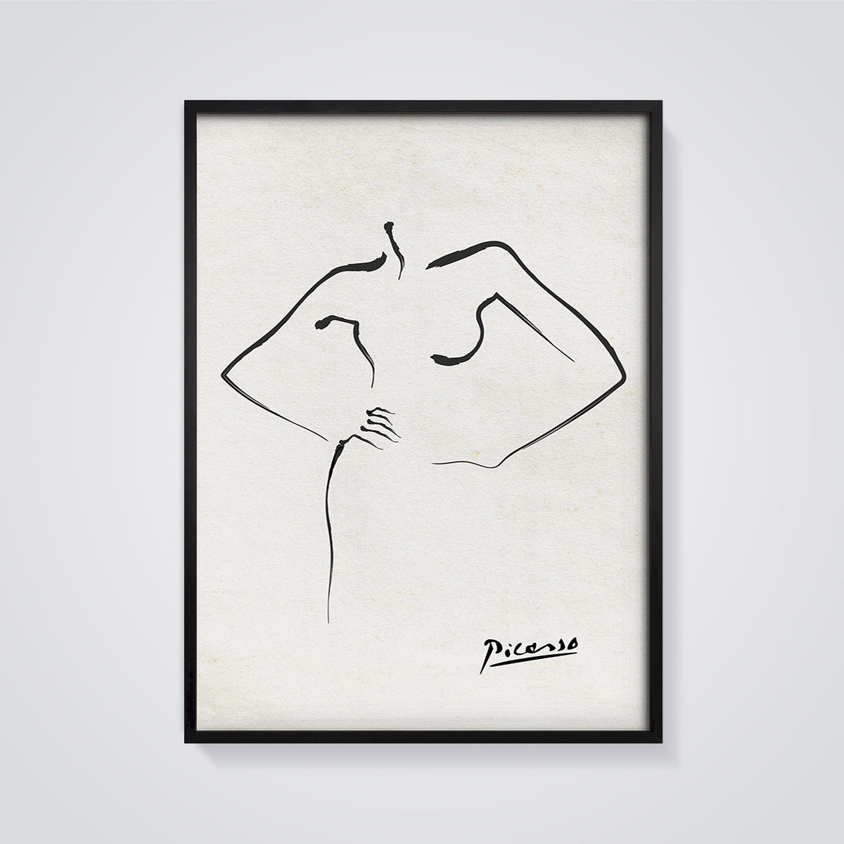 Picasso Female Figure Line Art Print framed in black on a grey background
