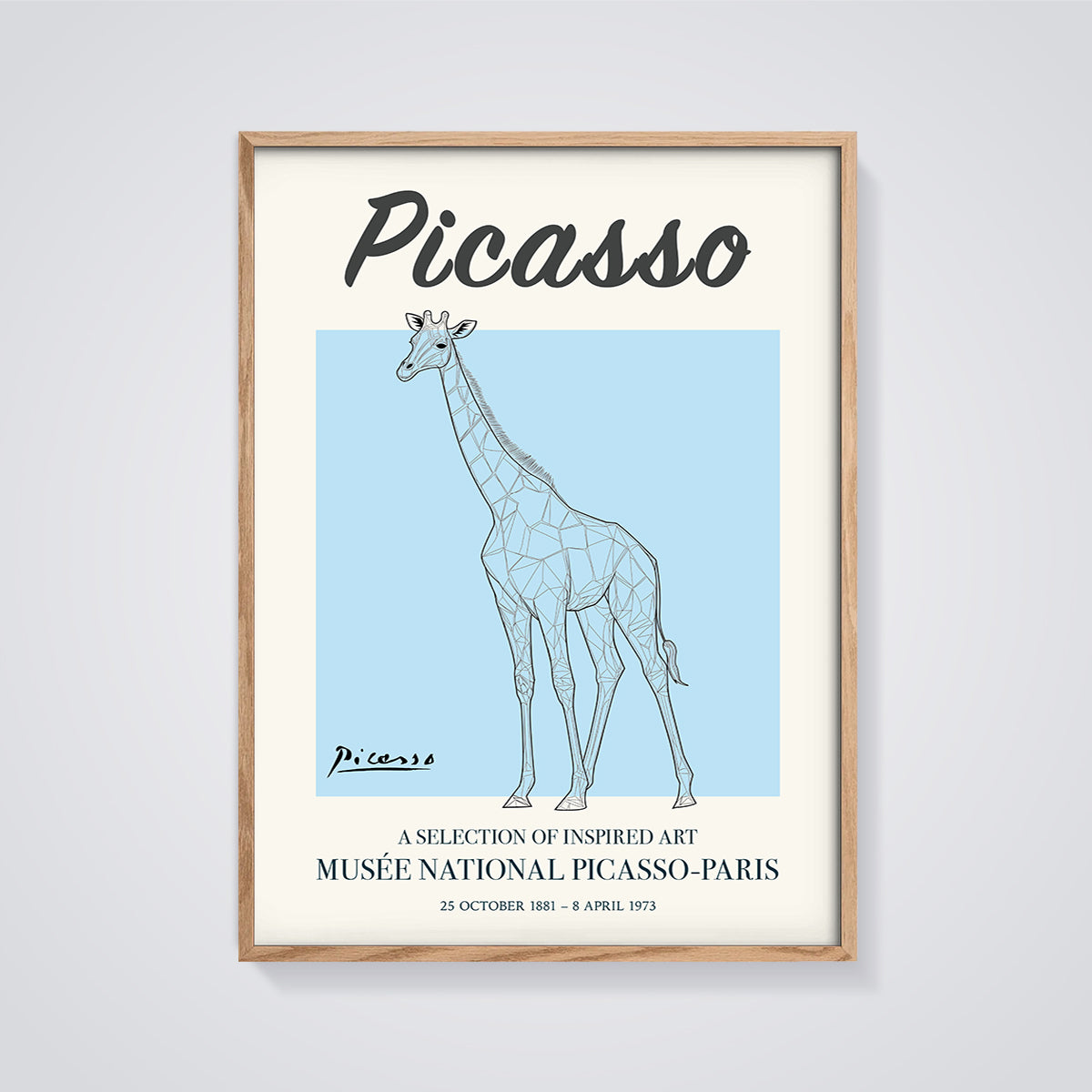 Picasso Geometric Giraffe Print framed in oak on a grey background