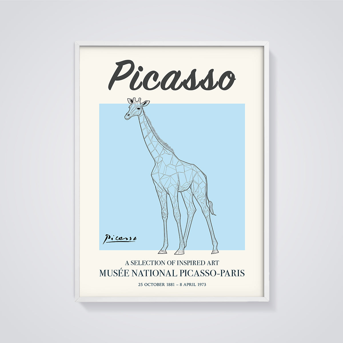 Picasso Geometric Giraffe Print framed in white on a grey background