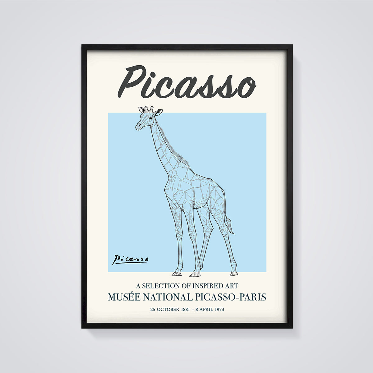 Picasso Geometric Giraffe Print framed in black on a grey background