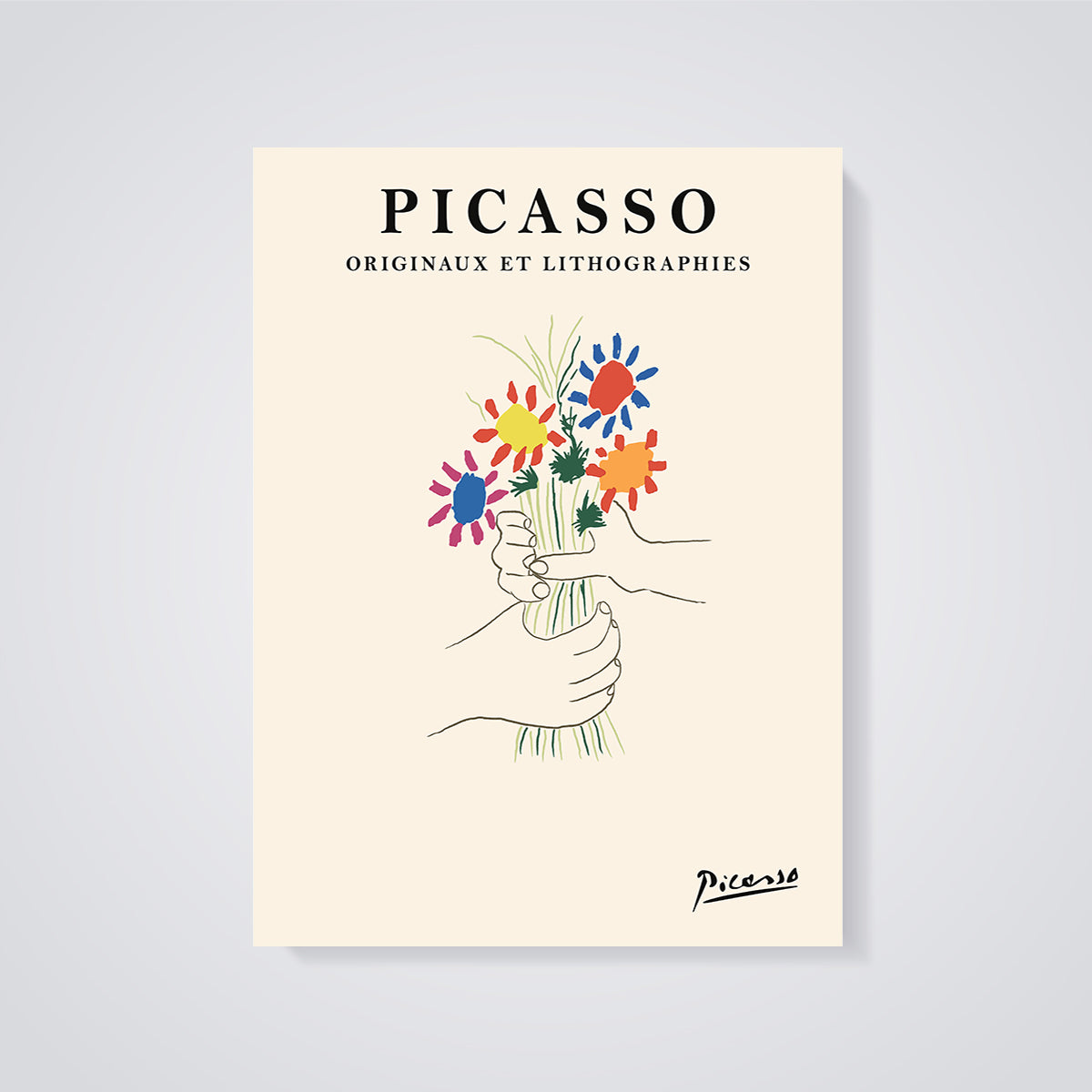 Picasso Hands with Flowers Print unframed on a grey background