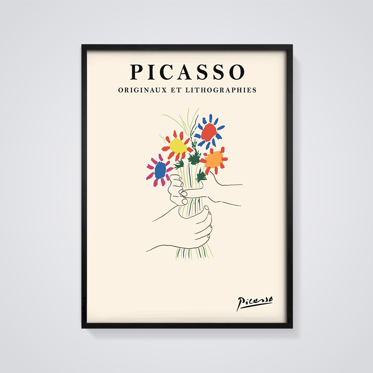 Picasso Hands with Flowers Print framed in black on a grey background