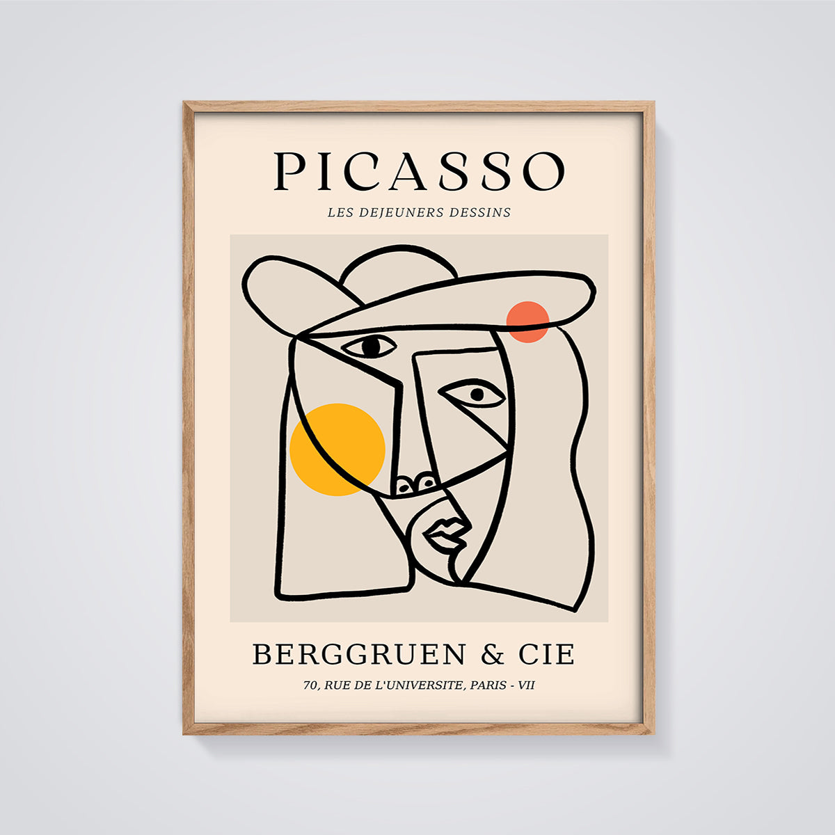 Picasso Les Dejeuners Dessins Face Print framed in oak on a grey background