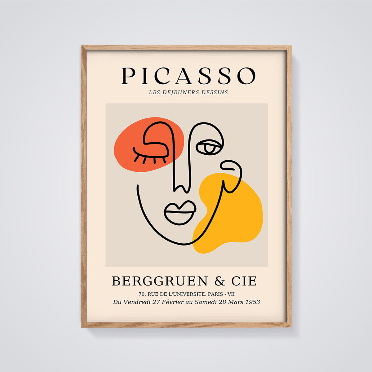 Picasso Les Déjeuners Dessins Face Print framed in oak on a grey background