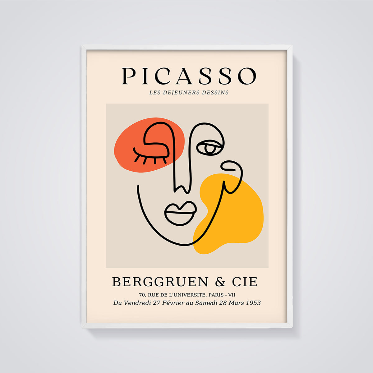 Picasso Les Déjeuners Dessins Face Print framed in white on a grey background