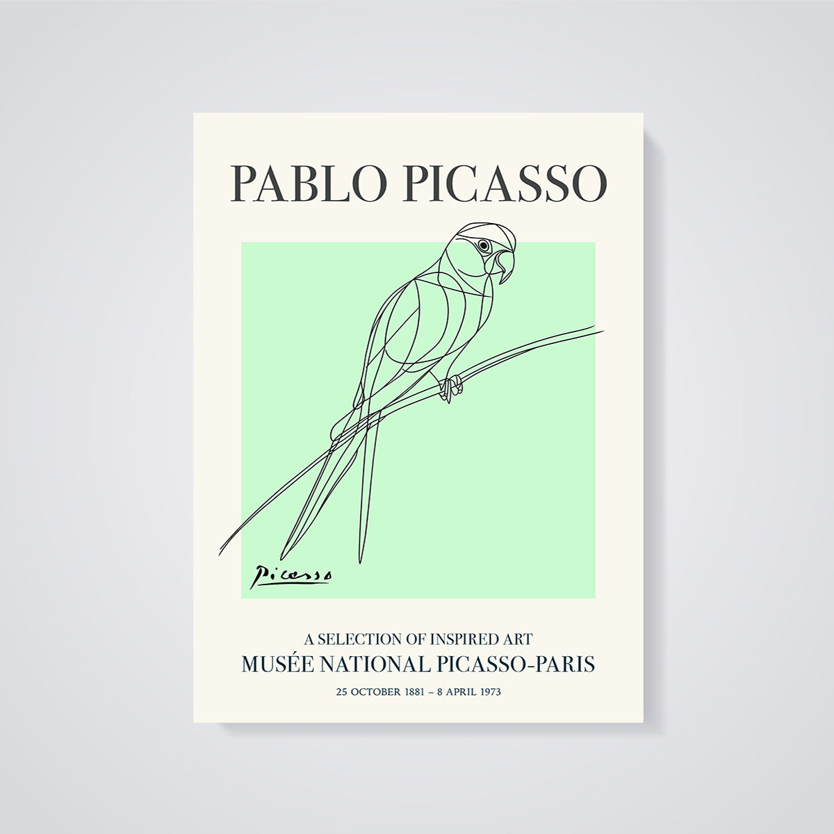 Picasso Parrot Print unframed on a grey background