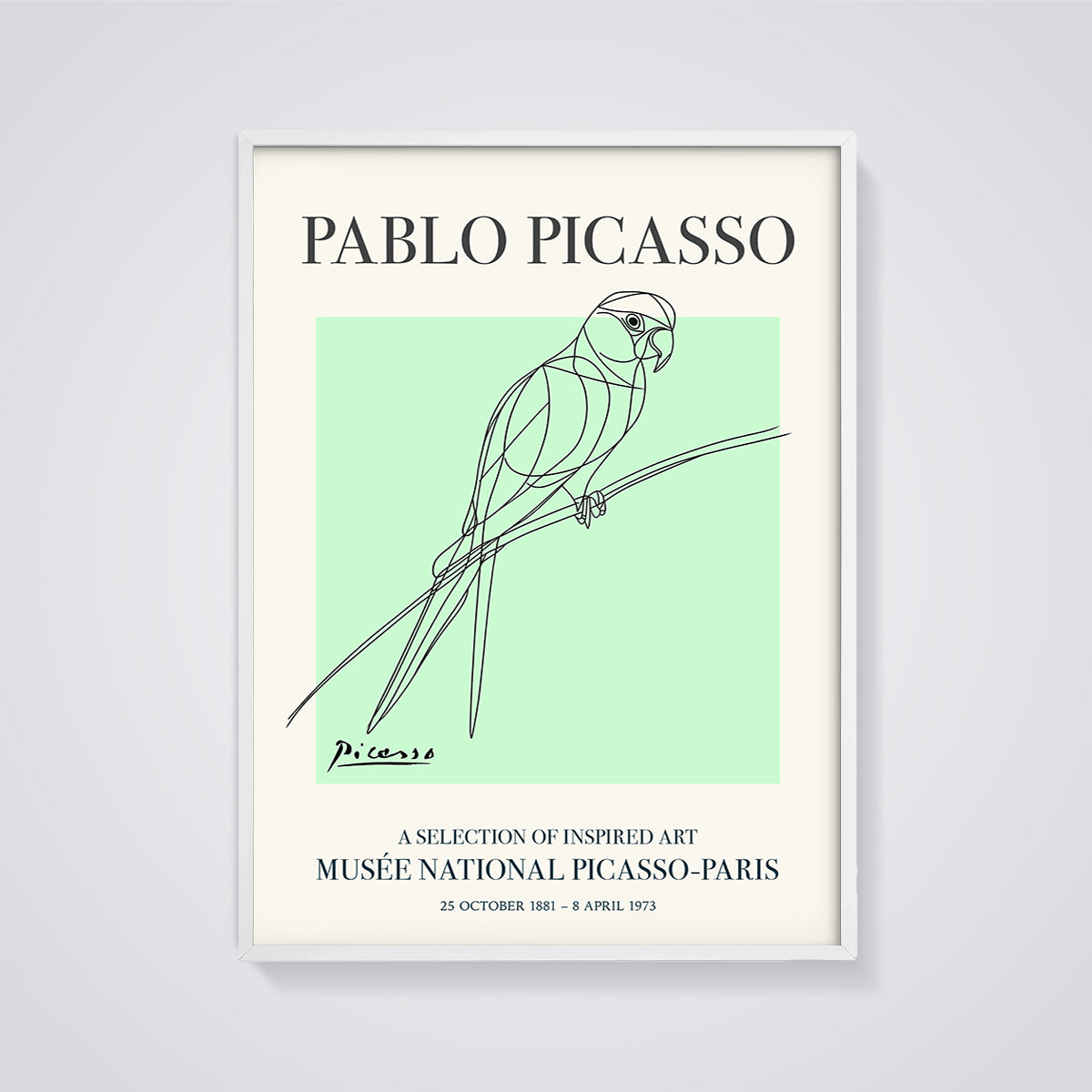 Picasso Parrot Print framed in white on a grey background