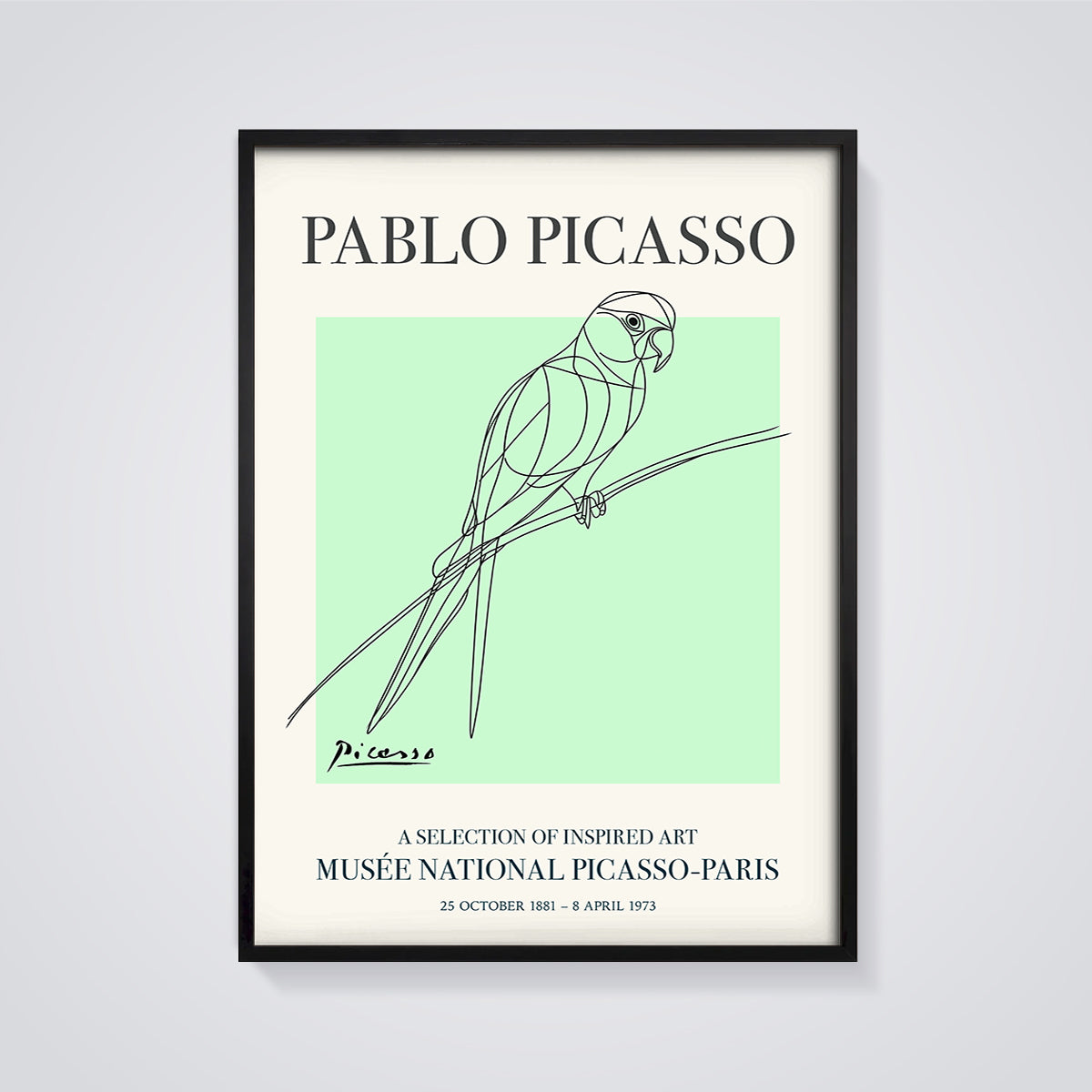 Picasso Parrot Print framed in black on a grey background