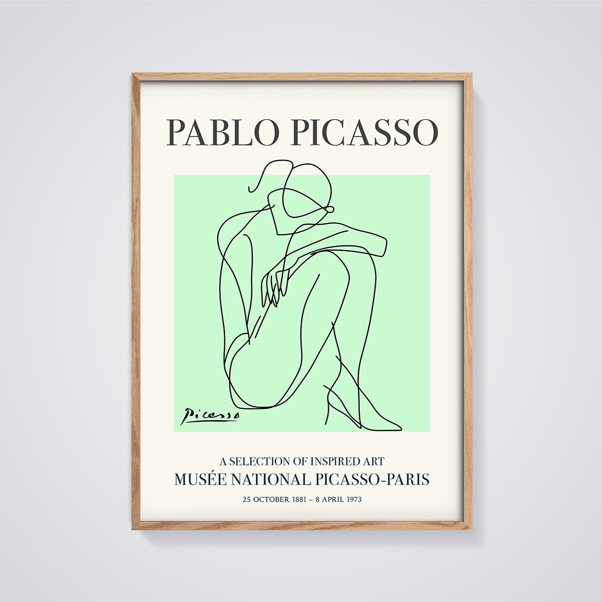 Picasso Seated Figure Line Art Print framed in oak on a grey background