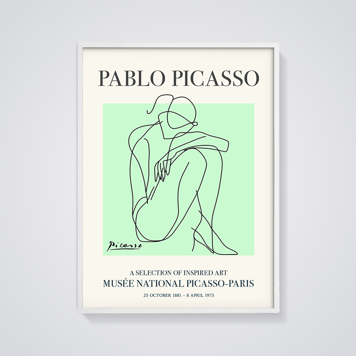 Picasso Seated Figure Line Art Print framed in white on a grey background