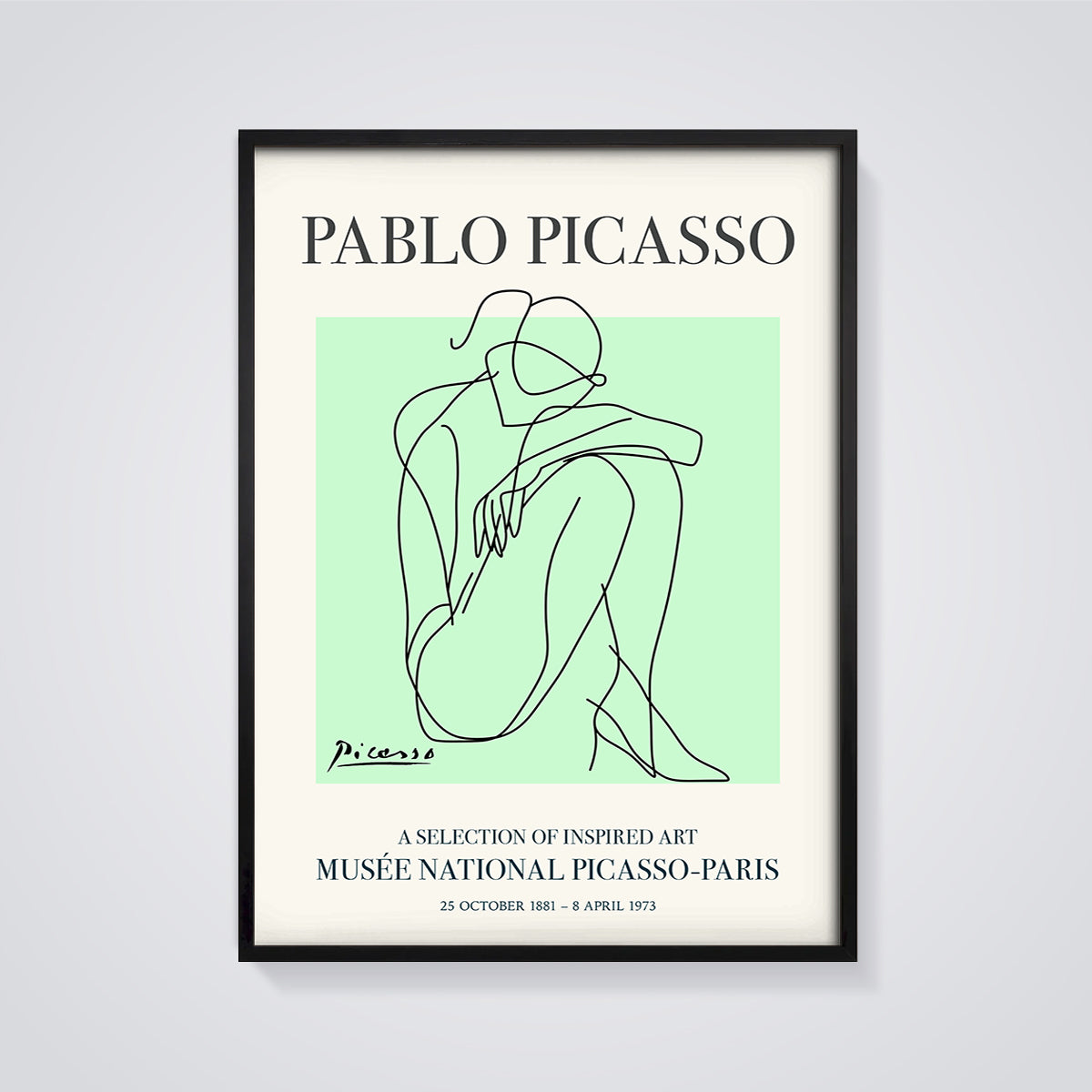 Picasso Seated Figure Line Art Print framed in black on a grey background