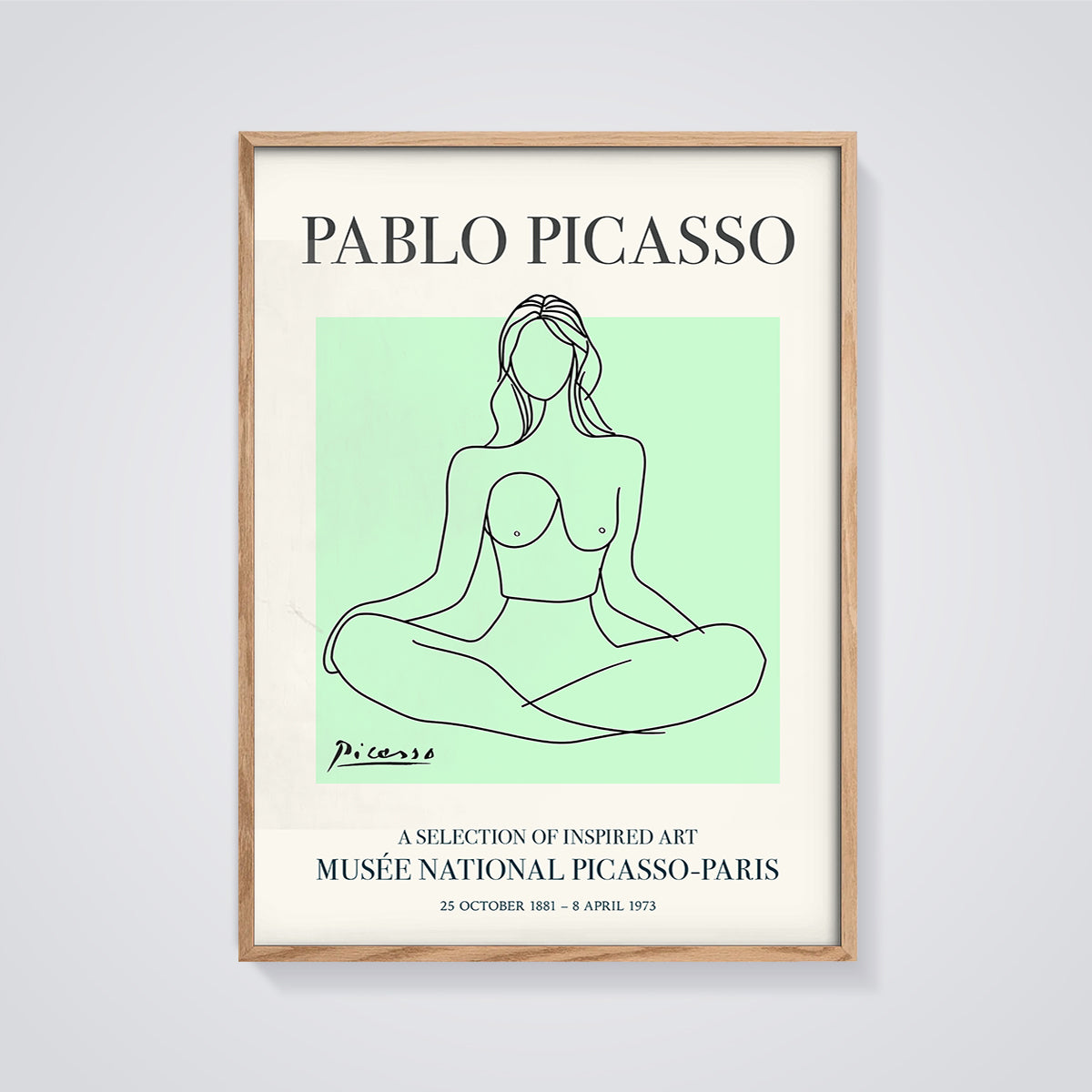 Picasso Seated Woman Line Art Print framed in oak on a grey background