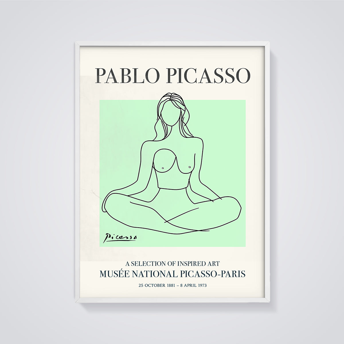 Picasso Seated Woman Line Art Print framed in white on a grey background