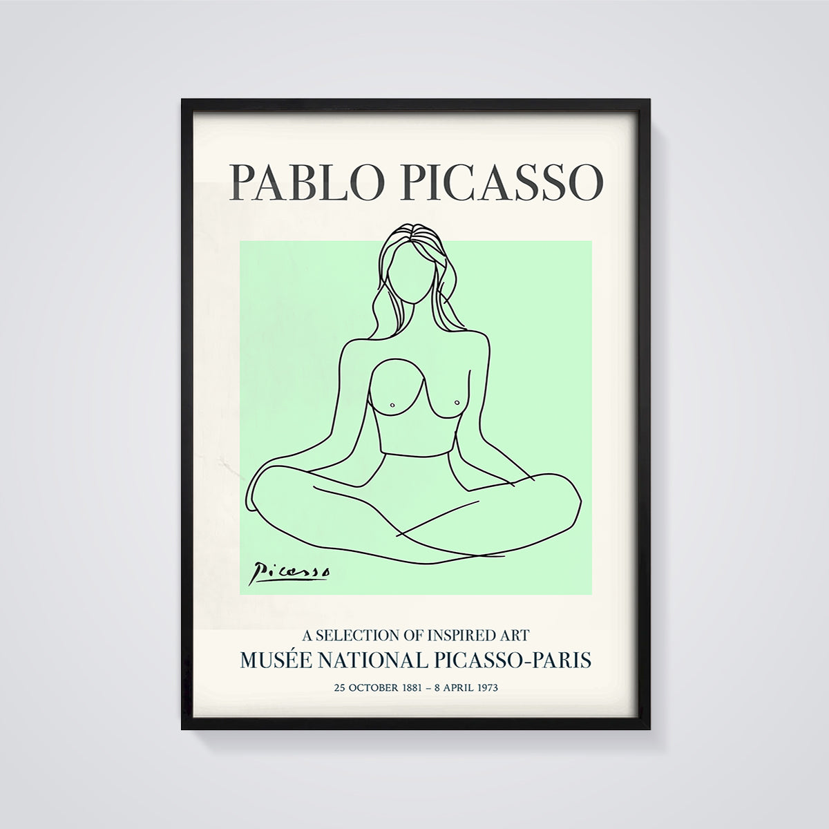 Picasso Seated Woman Line Art Print framed in black on a grey background