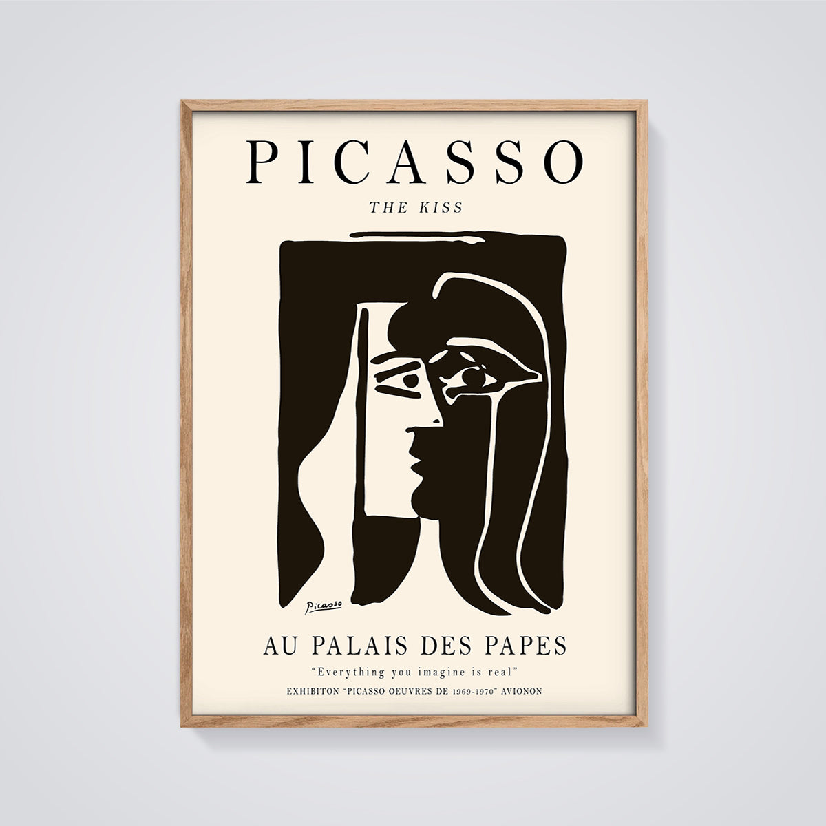 Picasso The Kiss Exhibition Print framed in oak on a grey background
