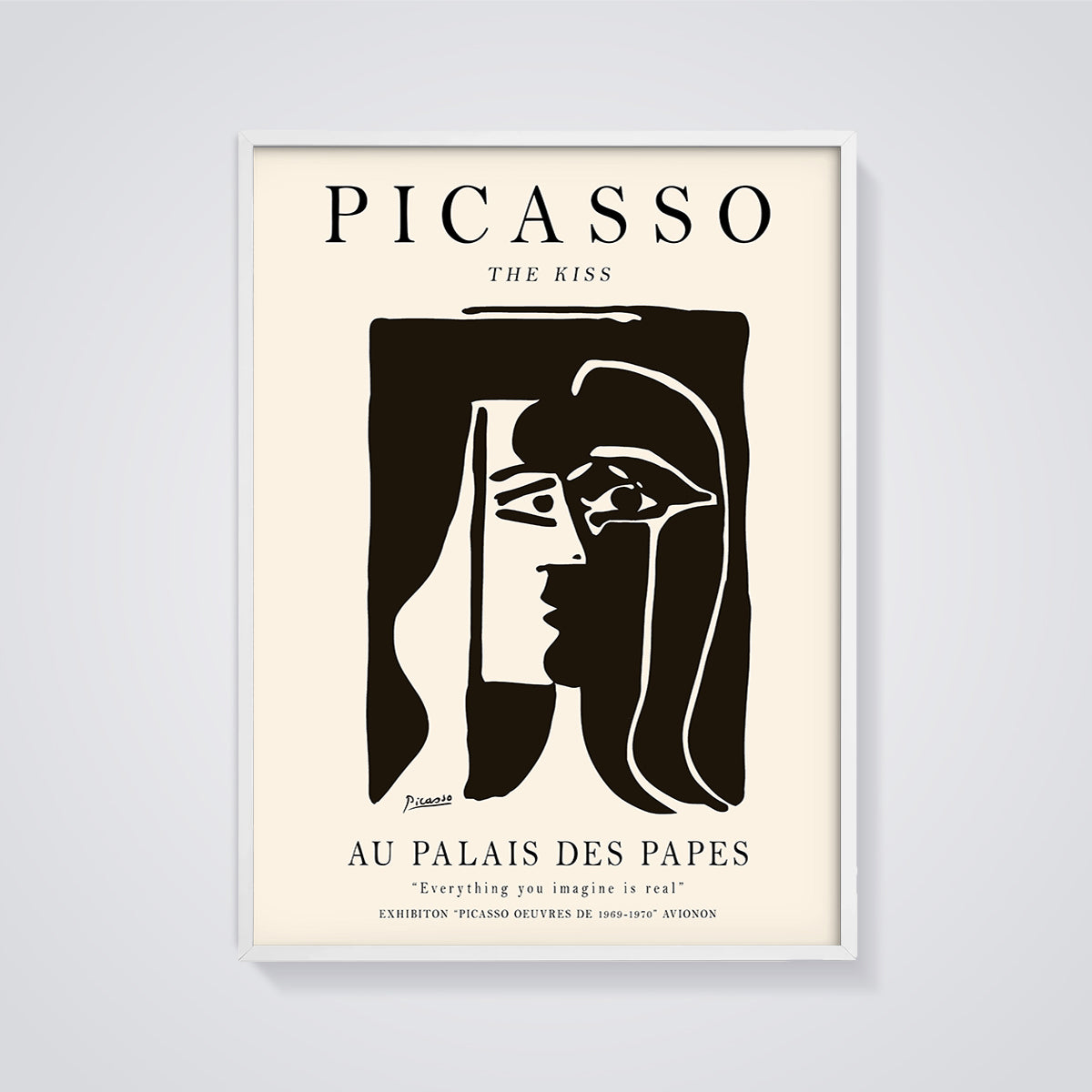 Picasso The Kiss Exhibition Print framed in white on a grey background