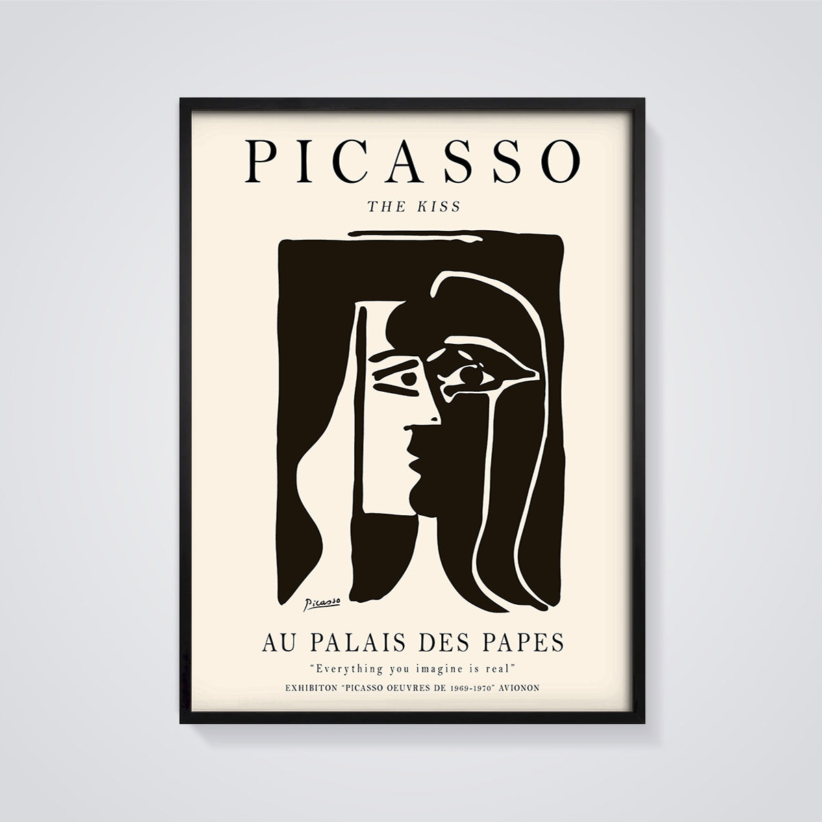 Picasso The Kiss Exhibition Print framed in black on a grey background