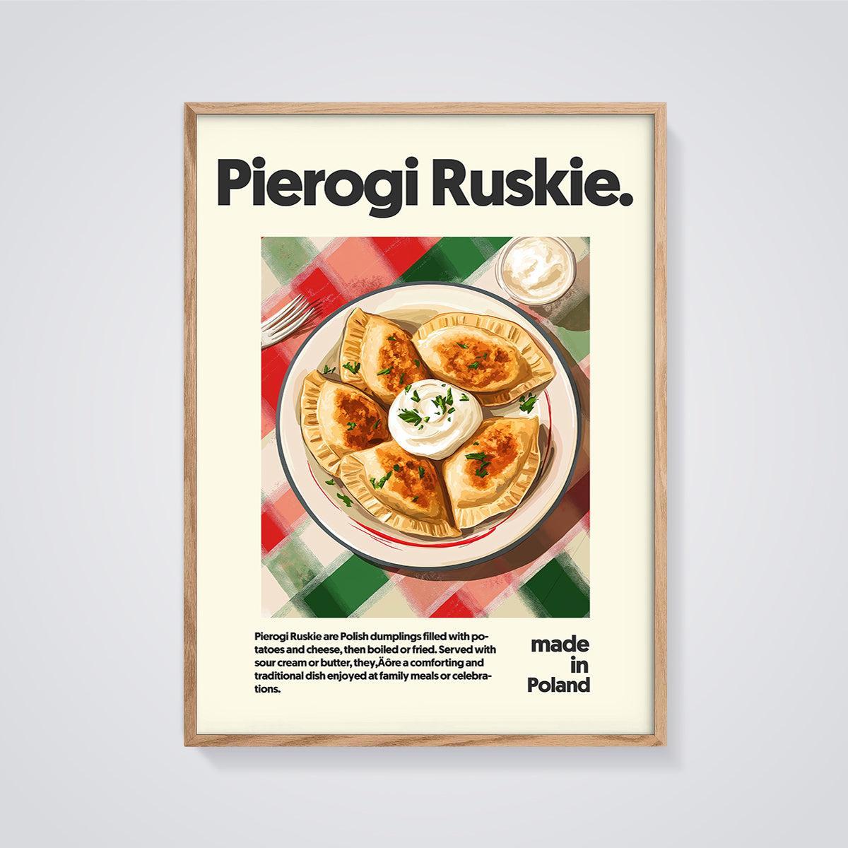 Pierogi Ruskie Dish Print framed in oak on a grey background