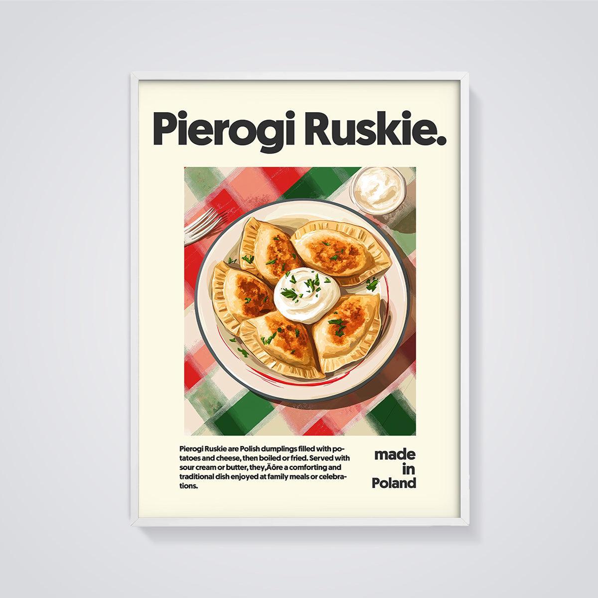 Pierogi Ruskie Dish Print framed in white on a grey background
