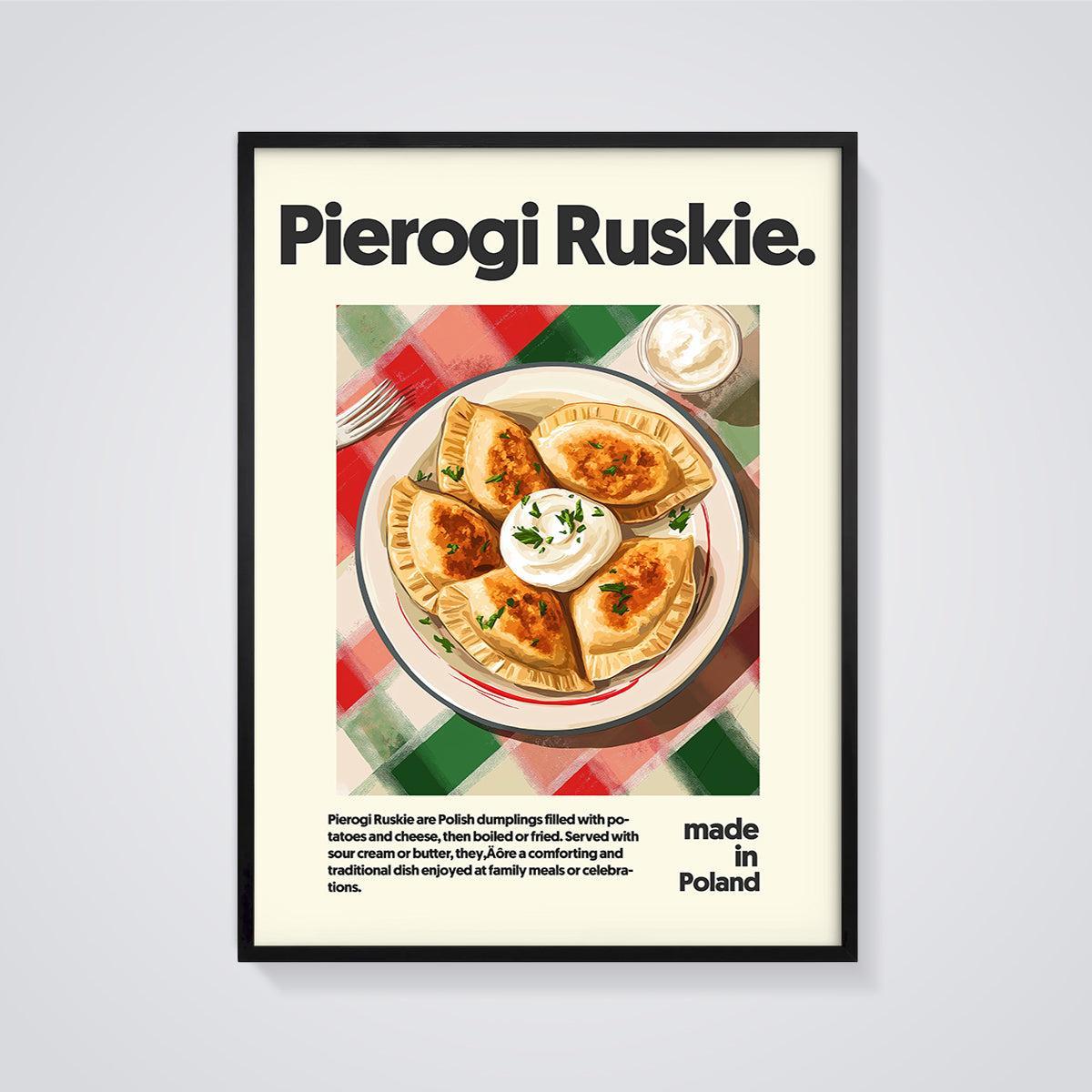 Pierogi Ruskie Dish Print framed in black on a grey background