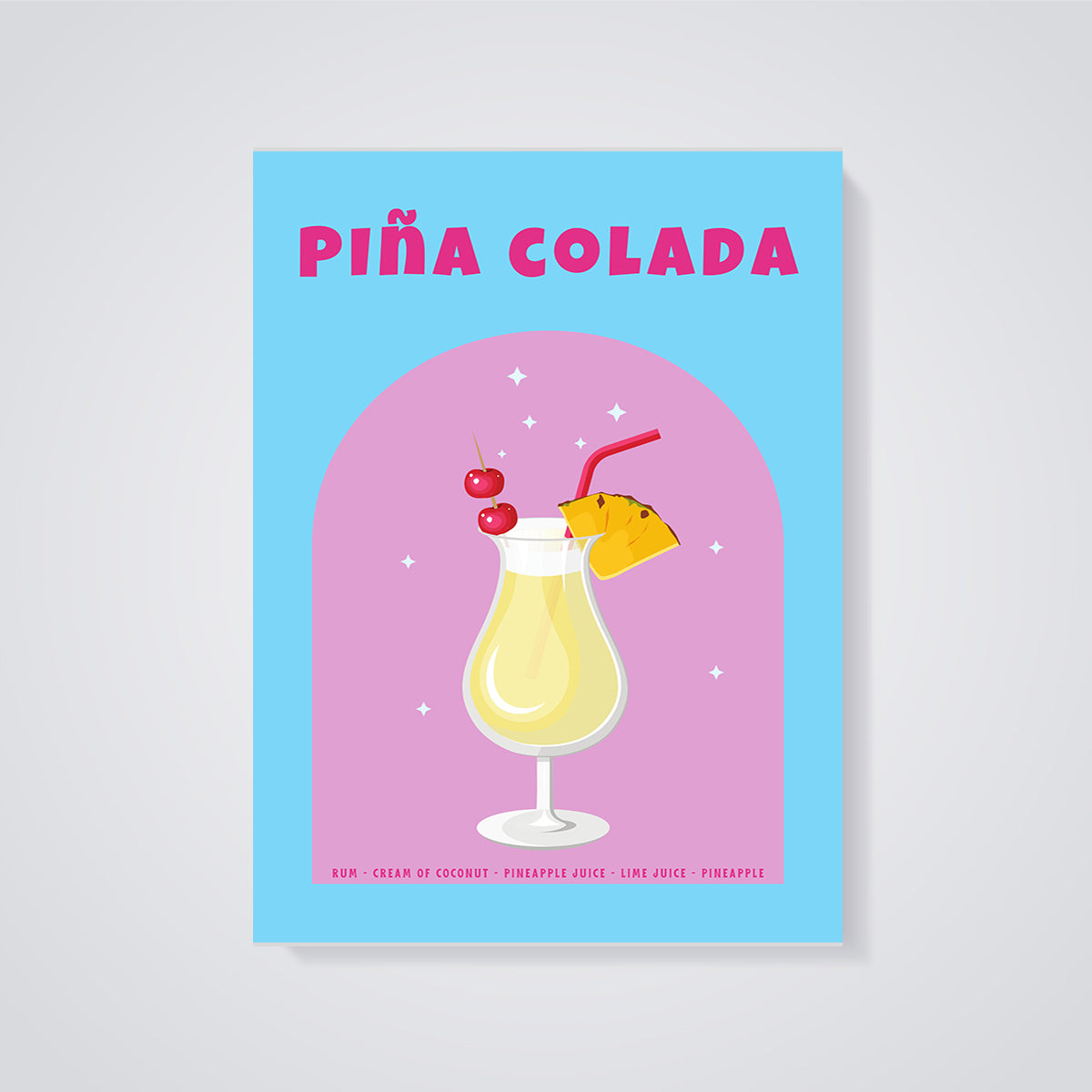 Piña Colada Cocktail Print unframed on a grey background