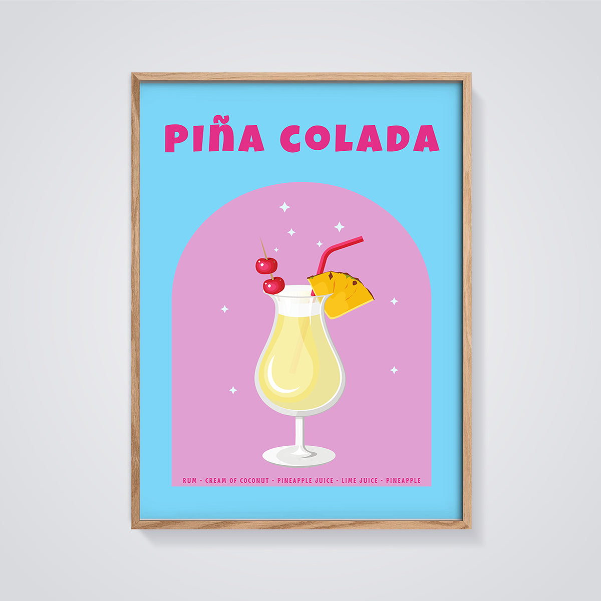 Piña Colada Cocktail Print framed in oak on a grey background