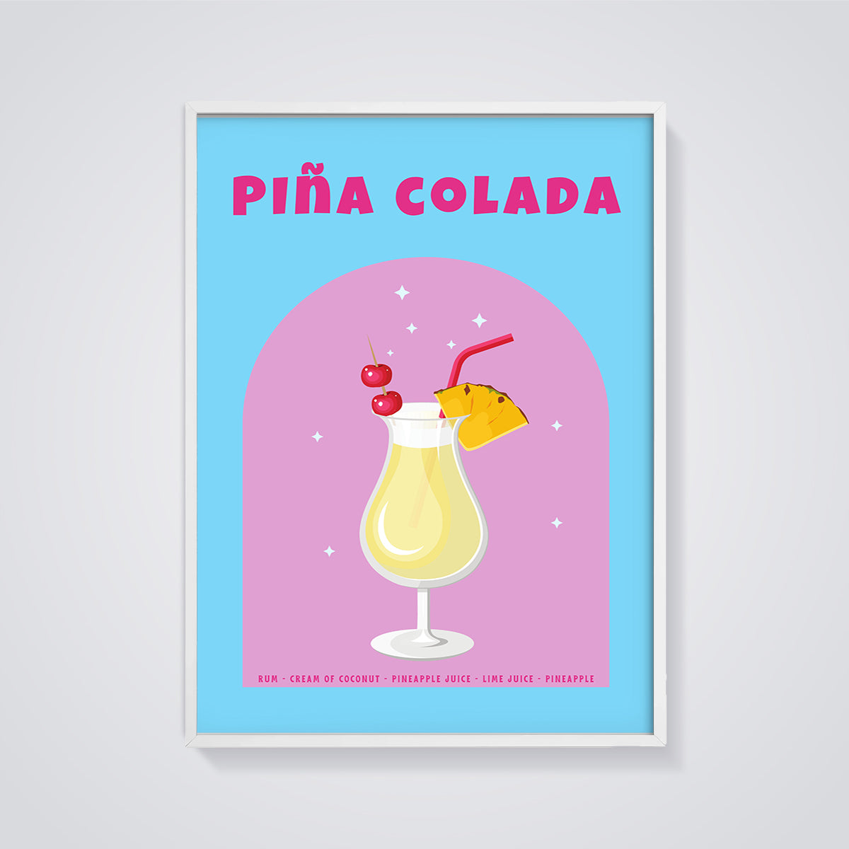 Piña Colada Cocktail Print framed in white on a grey background