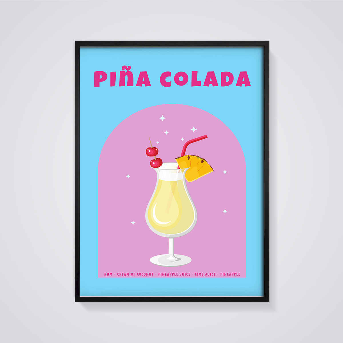 Piña Colada Cocktail Print framed in black on a grey background