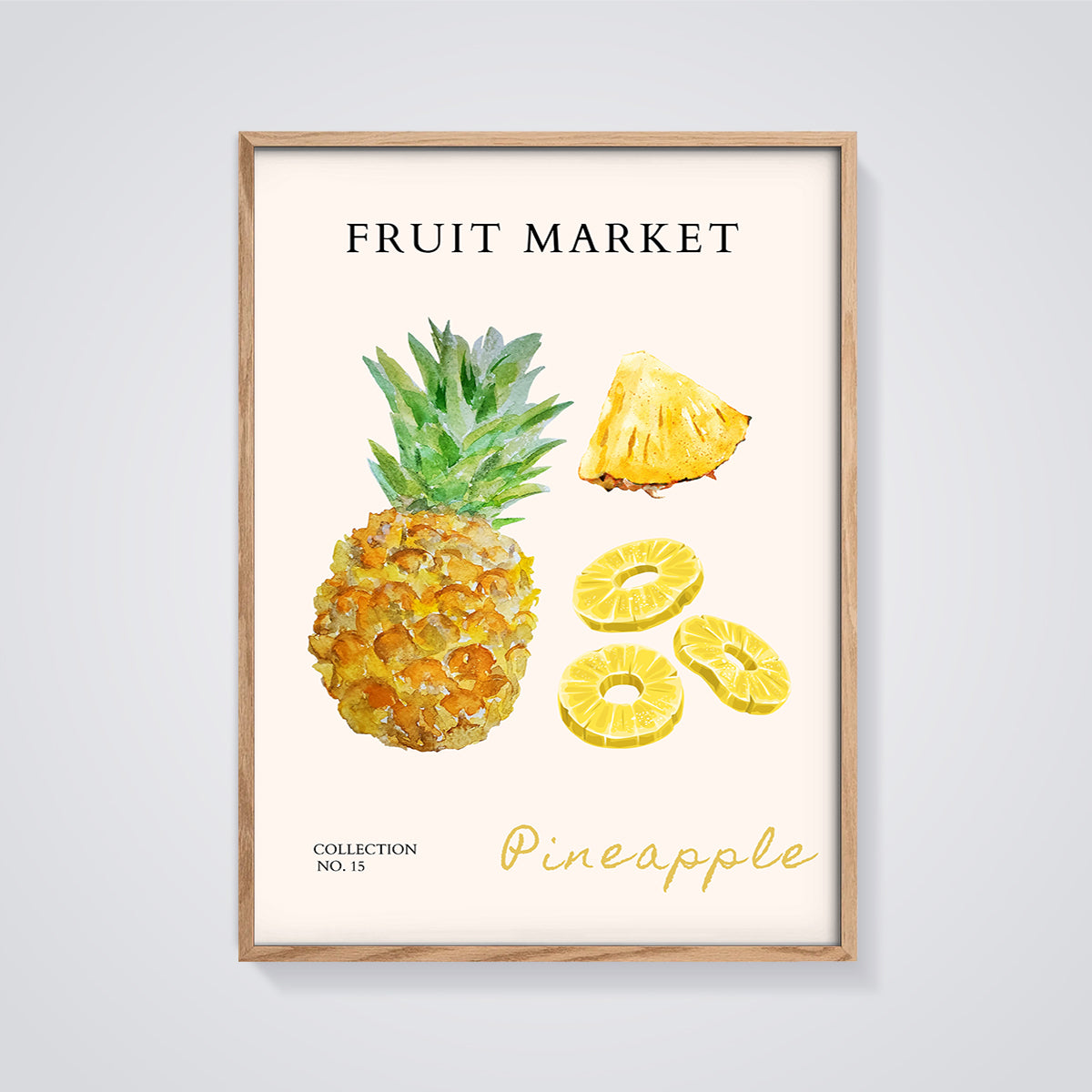 Pineapple Fruit Market Print framed in oak on a grey background