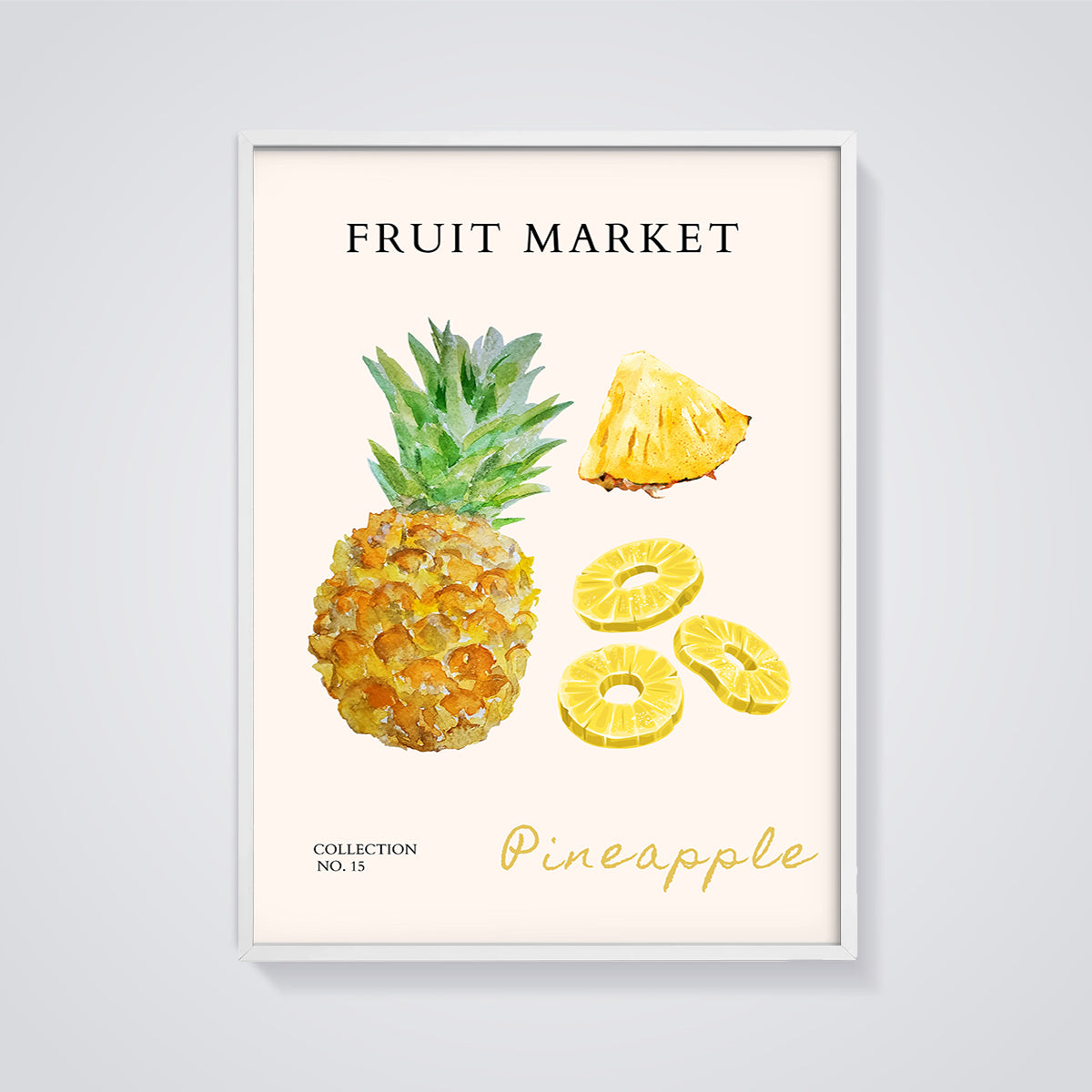 Pineapple Fruit Market Print framed in white on a grey background