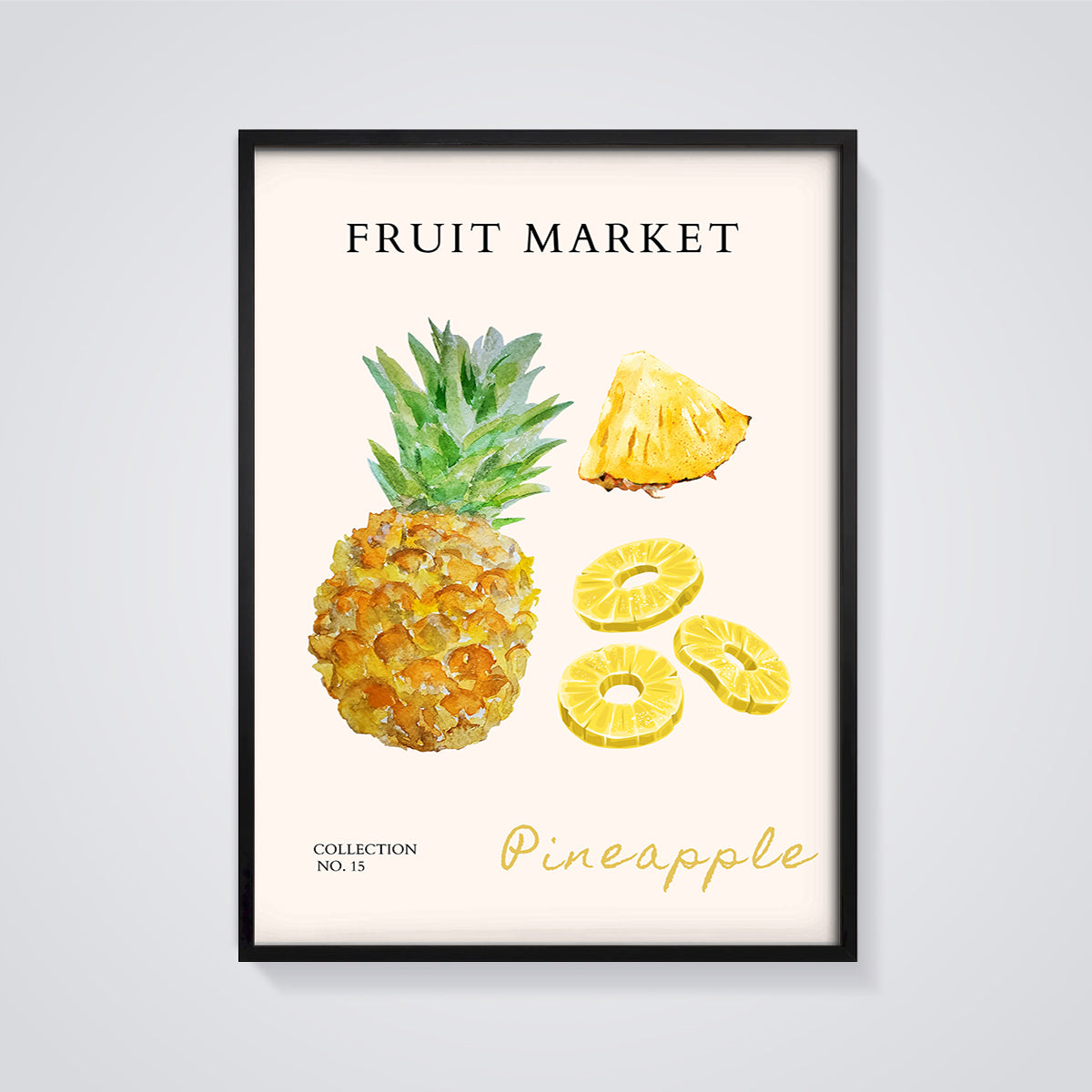 Pineapple Fruit Market Print framed in black on a grey background