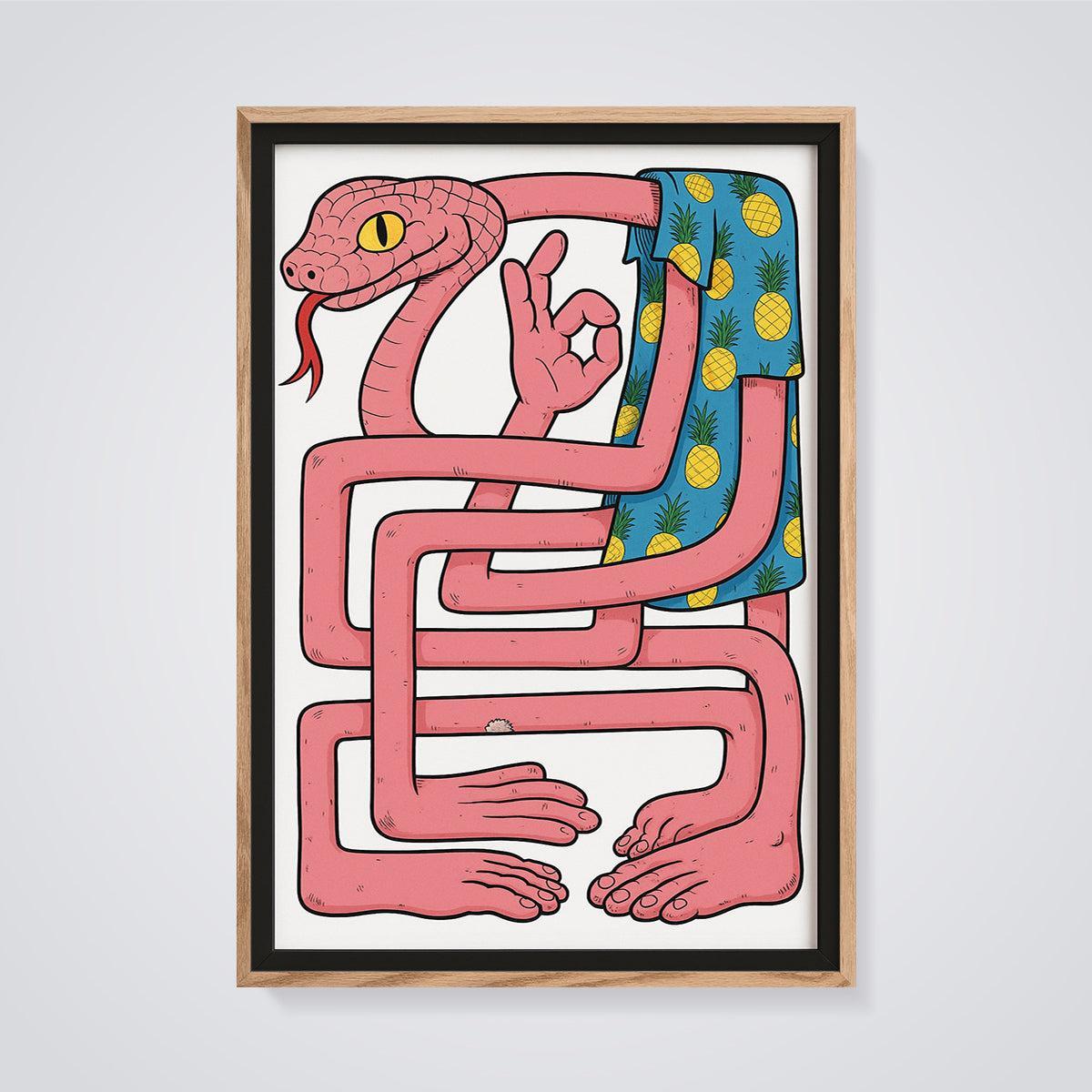 Pineapple Shirt Snake Print framed in oak on a grey background