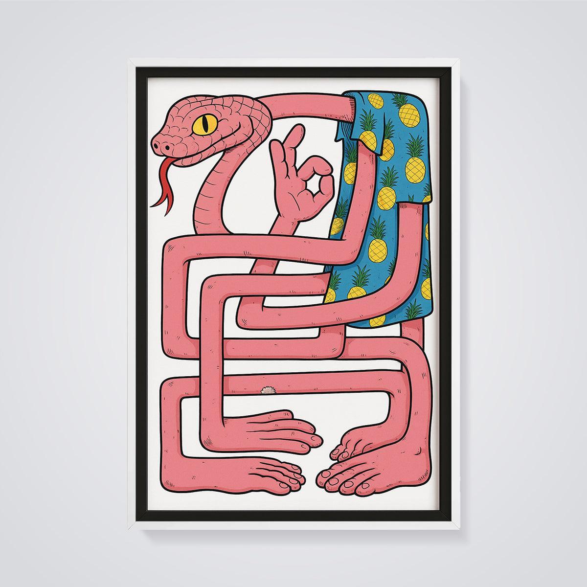Pineapple Shirt Snake Print framed in white on a grey background