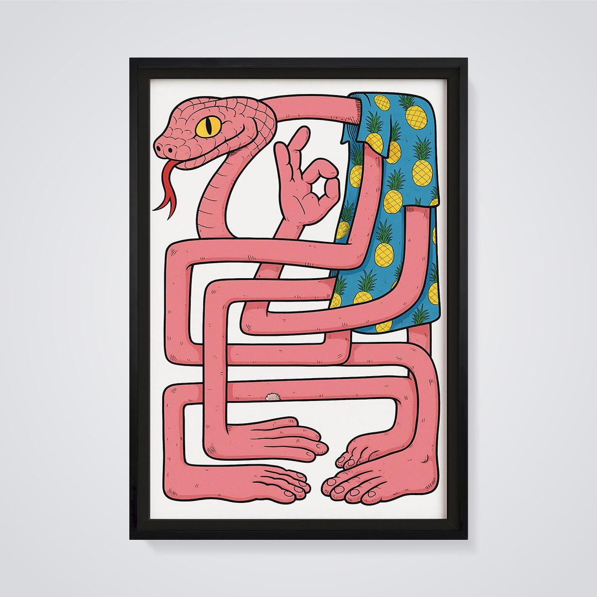 Pineapple Shirt Snake Print framed in black on a grey background