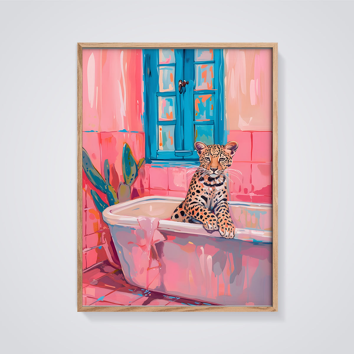 Pink Bathroom Leopard Print framed in oak on a grey background